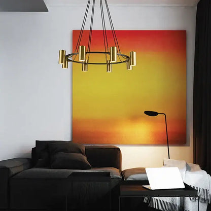 Modern gold led ring chandelier with cylindrical lights suspended by black cords for dining room decorbites gold led