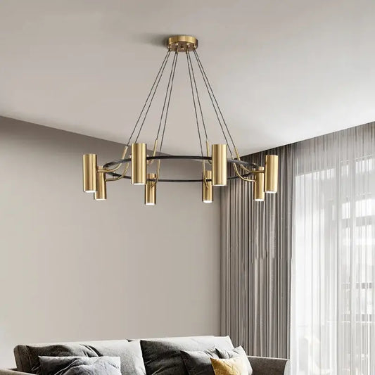Modern gold led ring chandelier with cylindrical light fixtures and black wire pendant for dining room decorbites gold led