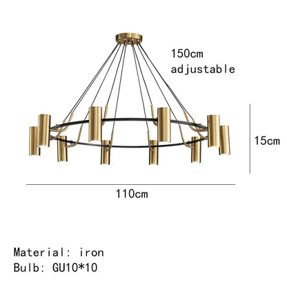 Modern brass-toned decorbites gold led ring chandelier with ten cylindrical gu10 lights and black wire pendant design