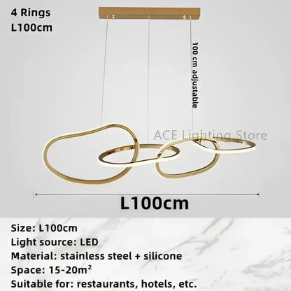 Modern gold led ring chandelier dining room pendant light with gold led ring design in stainless steel and silicone by decorbites
