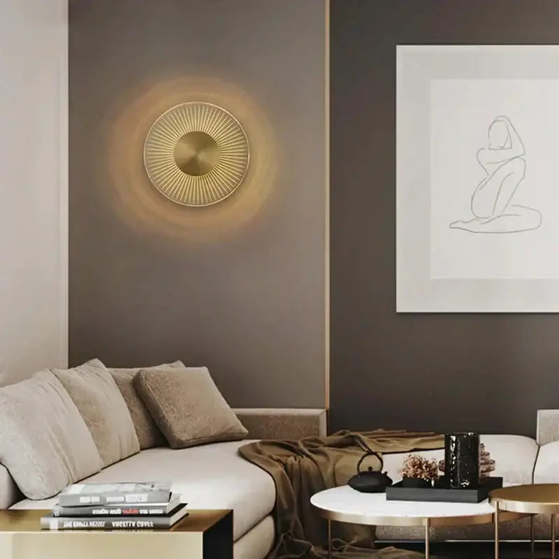 Modern gold led round wall lamp with gold-toned circular design and radiating spokes for bedroom decorbites gold led sconce lighting