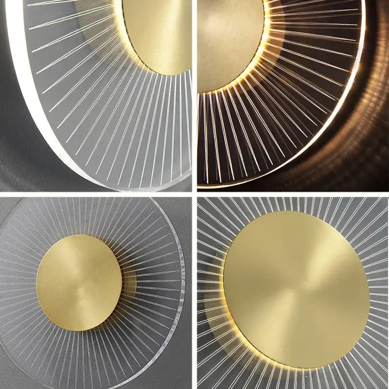 Modern gold led round wall lamp featuring a circular design with radiating led light strips for bedroom decorbites lighting