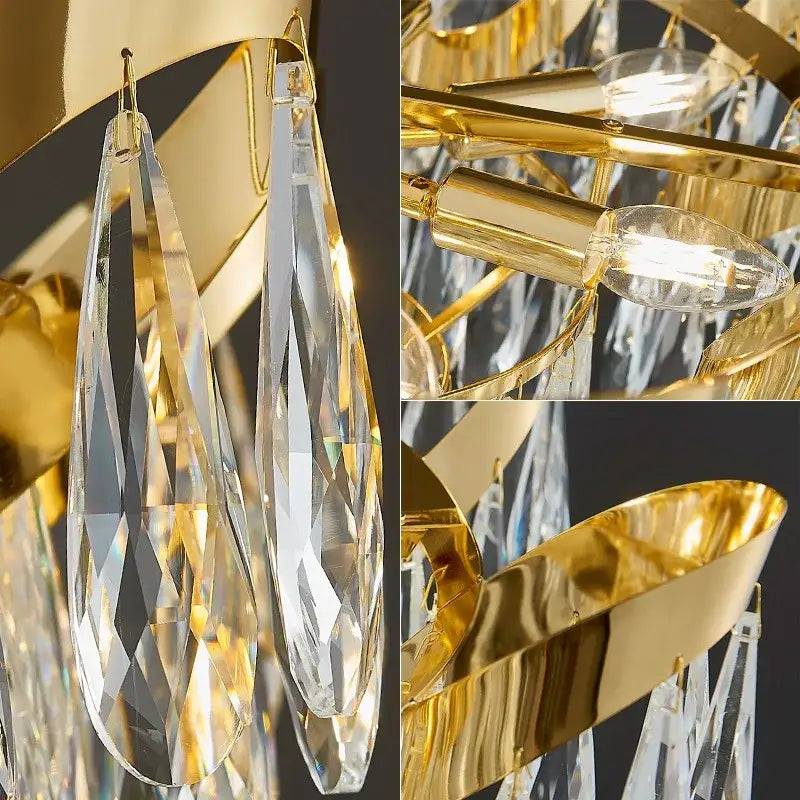 Modern gold led sunflower crystal ceiling chandelier featuring gold-toned brass and faceted crystal teardrop pendants