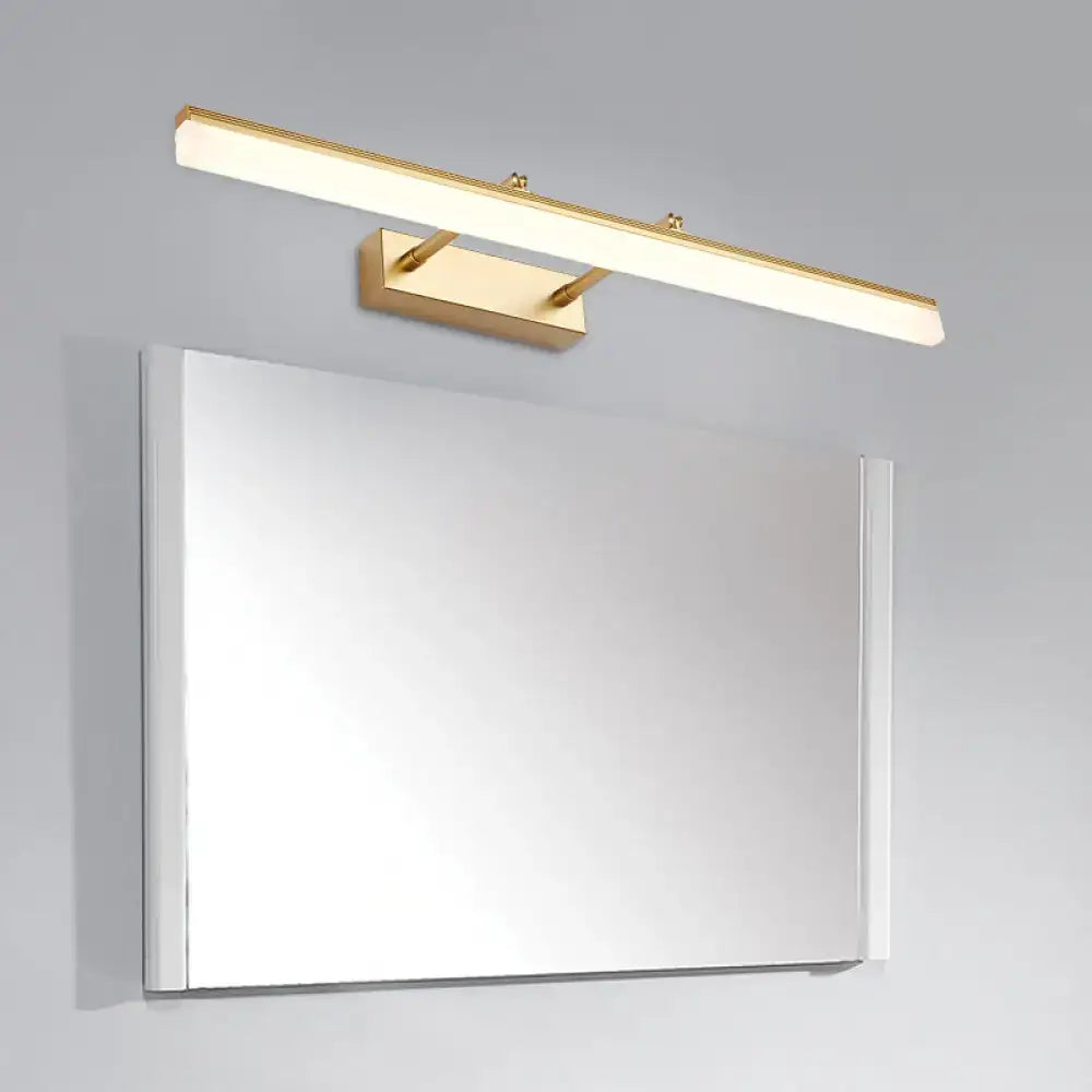 Modern gold led vanity lamp wall light with rectangular finish and sleek design mounted above a bathroom mirror