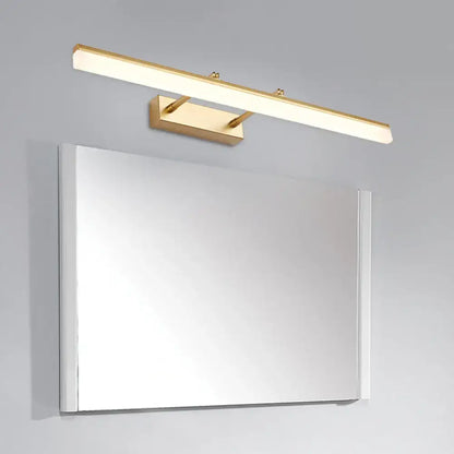 Modern gold led vanity lamp wall light with rectangular finish and sleek design mounted above a bathroom mirror