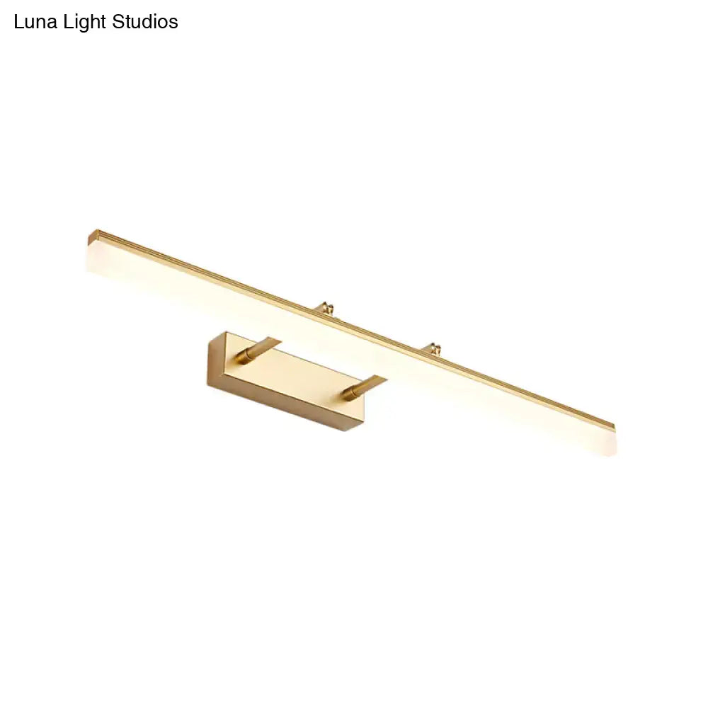 Modern gold finished led vanity lamp with sleek rectangular design and integrated hooks for bathroom wall light