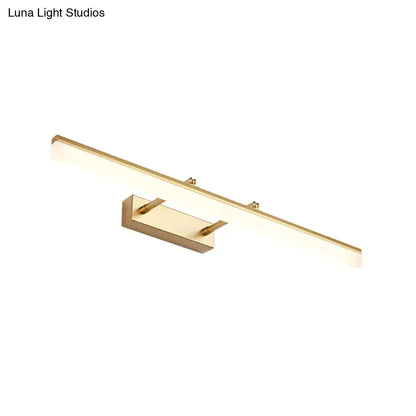 Modern gold finished led vanity lamp with sleek rectangular design and integrated hooks for bathroom wall light