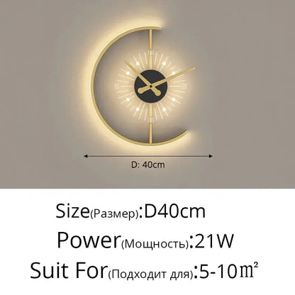 A modern crescent-shaped led wall lamp clock with a gold metallic frame and illuminated black face for living room lighting