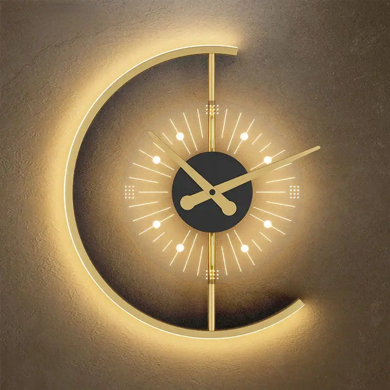 Modern gold led wall lamp clock with sleek crescent frame, glowing led backlighting, and minimalist black face