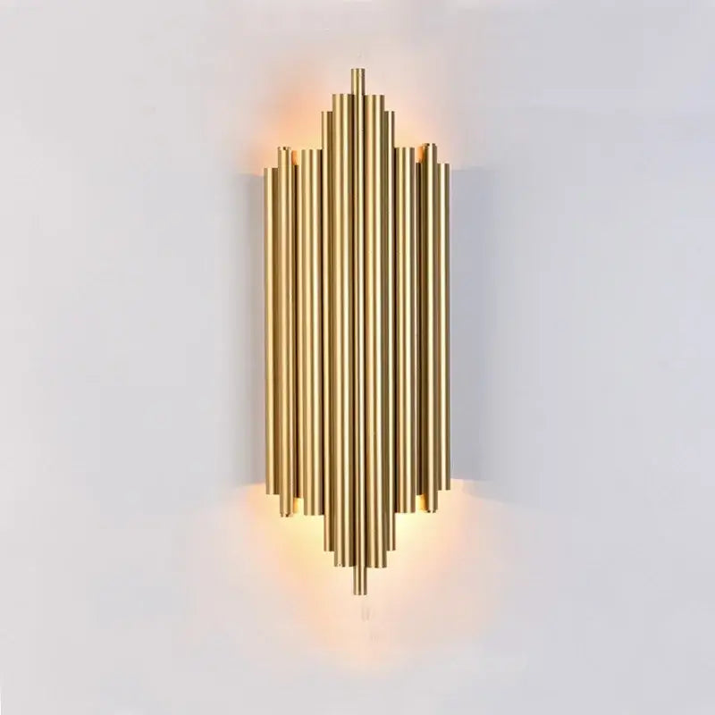 Modern gold led wall lamp featuring vertical brass rods in a symmetrical radiating design for living room decorbites gold led sconce