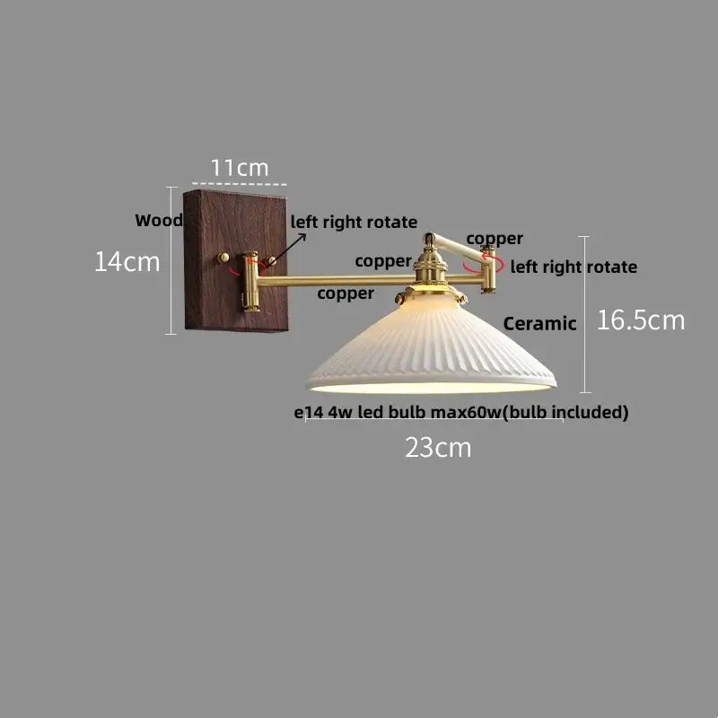 Modern gold led wall light with dark wood base, brass copper arms, and ribbed off-white ceramic shade for bedroom reading