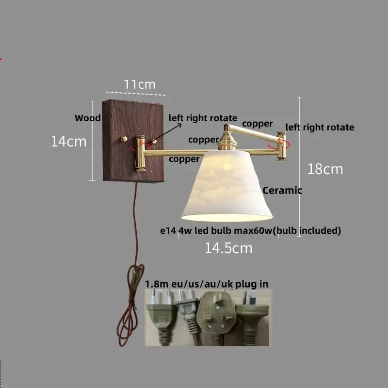 Modern gold led wall lights with dark wood base, copper articulated arms, and white ceramic shade for bedroom reading