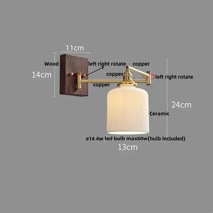 Modern gold led wall lights with dark wood mount copper arms and ribbed ceramic lampshade for bedroom reading