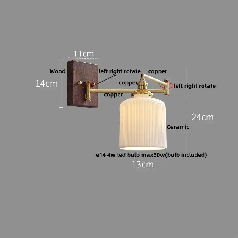 Modern gold led wall lights with dark wood mount copper arms and ribbed ceramic lampshade for bedroom reading