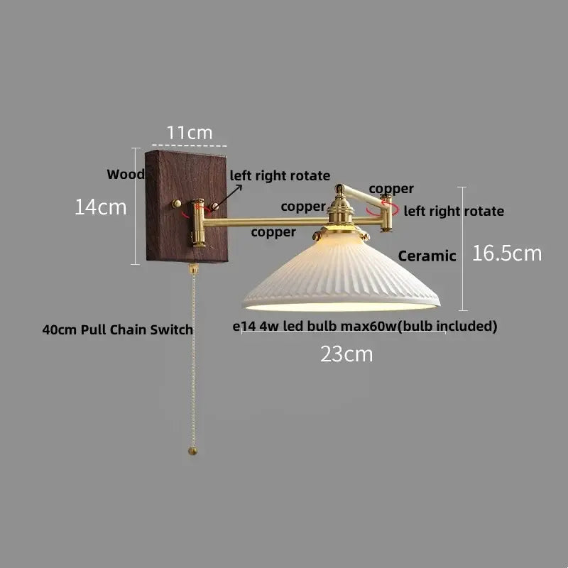 Vintage-style wall lights with dark wood base, rotating brass copper arms, and off-white ribbed ceramic shade for reading
