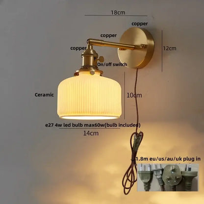 Vintage-style copper wall lights with a ribbed ceramic shade modern gold led wall lights for bedroom reading