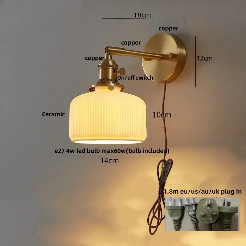 Vintage-style copper wall lights with a ribbed ceramic shade modern gold led wall lights for bedroom reading
