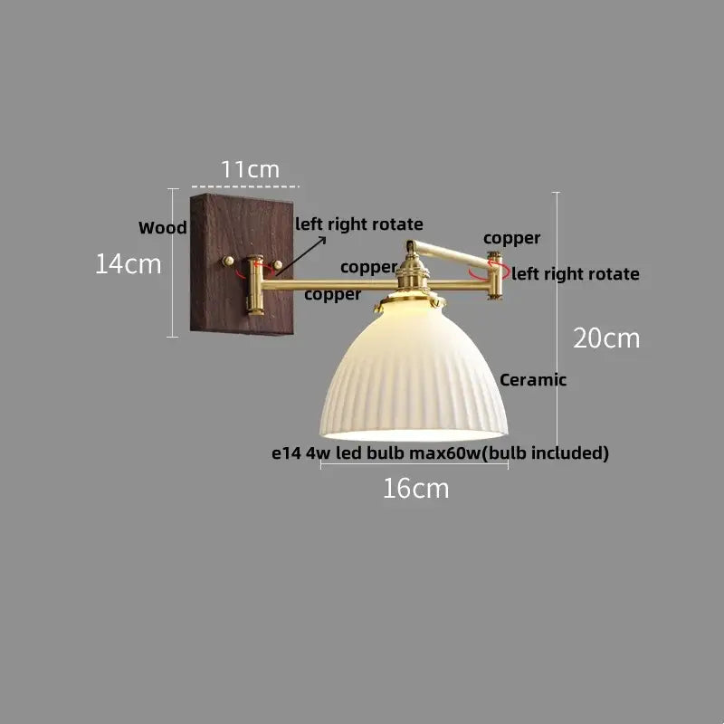 Modern gold led wall light bedroom lamp with dark wood base, brass copper arms, and off-white ribbed ceramic shade
