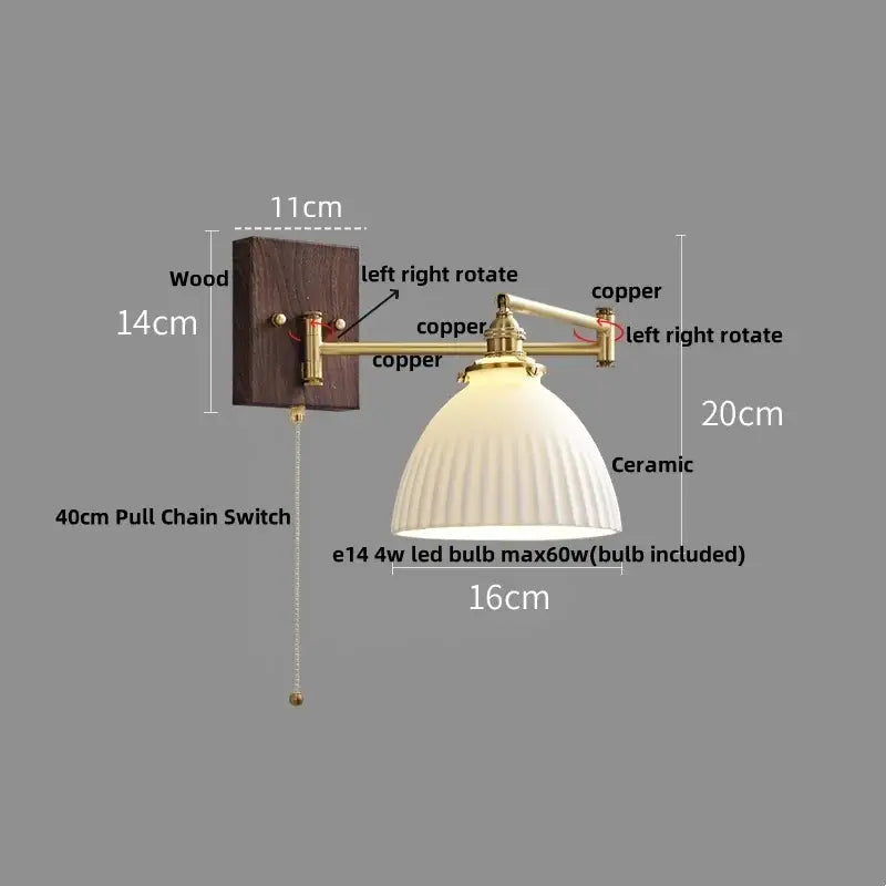 A vintage-style led wall light with brass copper arms, dark wood base, and off-white ribbed ceramic shade for reading
