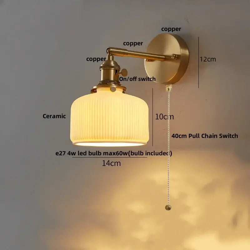 Vintage-style copper led wall light with ribbed ceramic shade and included led bulb for bedroom reading