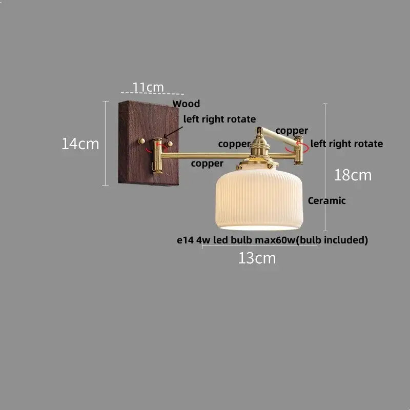 Modern gold led wall lights with a dark wood base, copper articulated arms, and off-white ribbed ceramic shade for bedroom reading