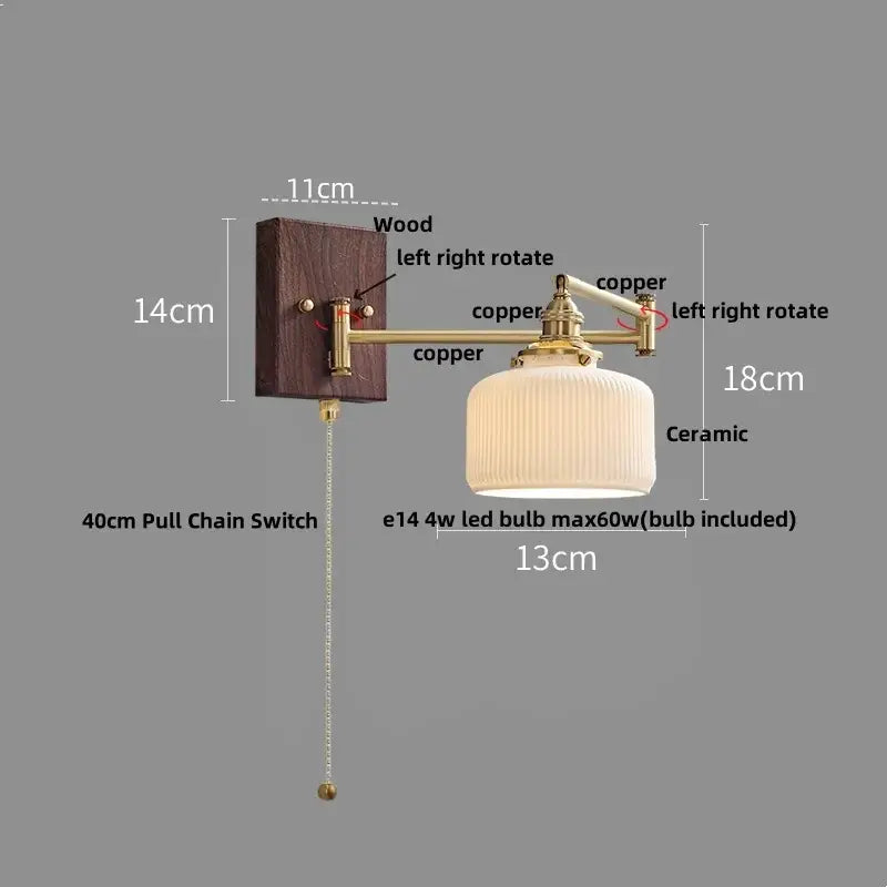 Copper arm wall sconce led wall light with ribbed ceramic shade and wood mounting plate for bedroom reading