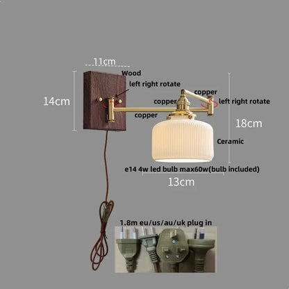Modern gold led wall lights featuring a copper wall sconce with ribbed ceramic shade and wooden mounting plate