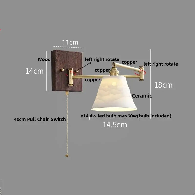 Modern copper-finished led wall light with adjustable arm, dark wood backplate, and textured white ceramic lampshade
