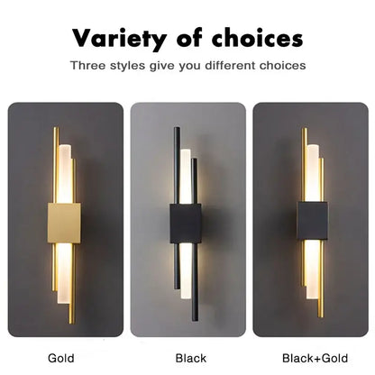 Modern gold led wall sconce with sleek vertical rod design and illuminated panels in black and gold finishes for bedroom decorbites led wall