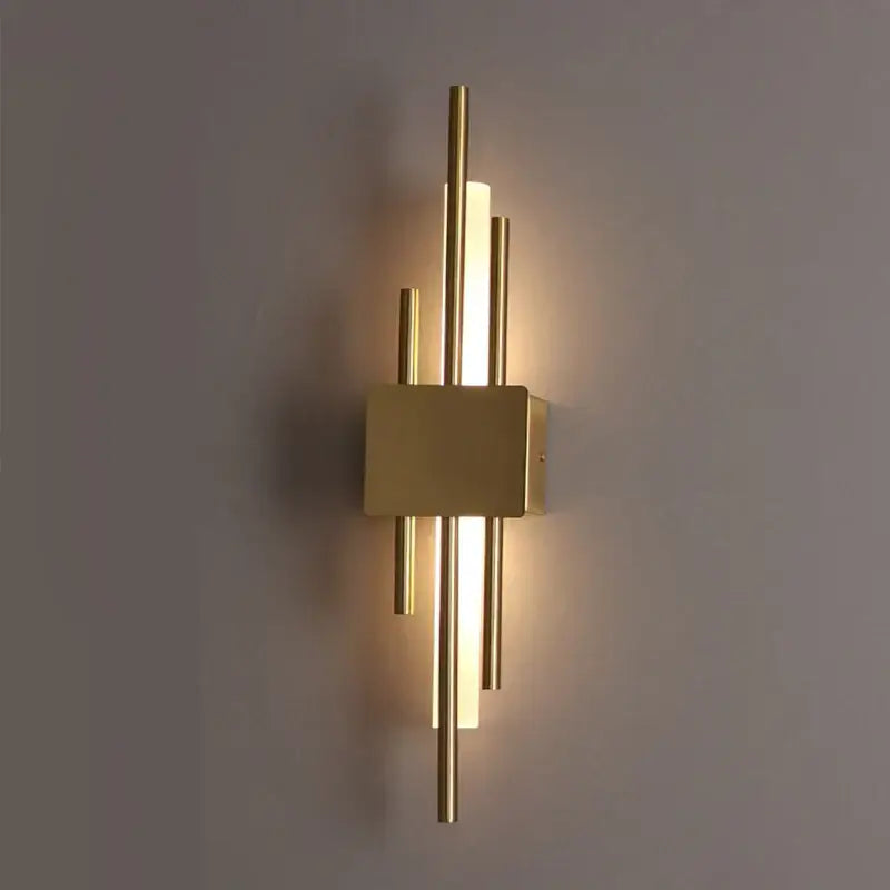 Modern gold led wall sconce with vertical rods and central rectangular light panel for bedroom decorbites led wall lighting