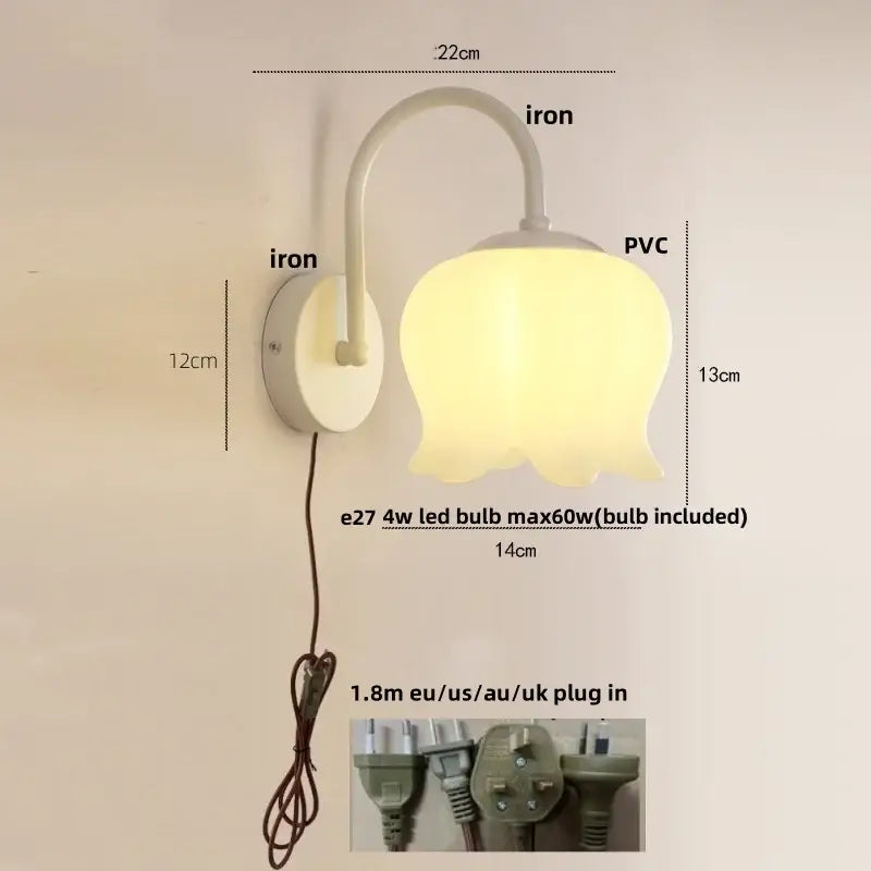 A soft yellow tulip-shaped led wall sconce with frosted glass and white iron base for modern stairway lighting