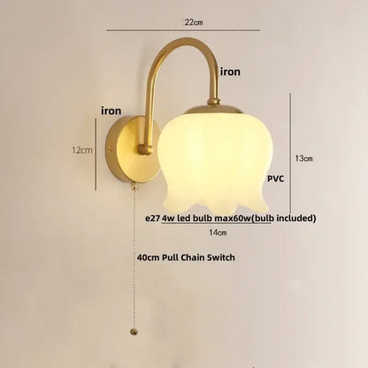 Modern gold led wall sconce with frosted tulip-shaped pvc shade and 40cm pull chain for stairway lighting