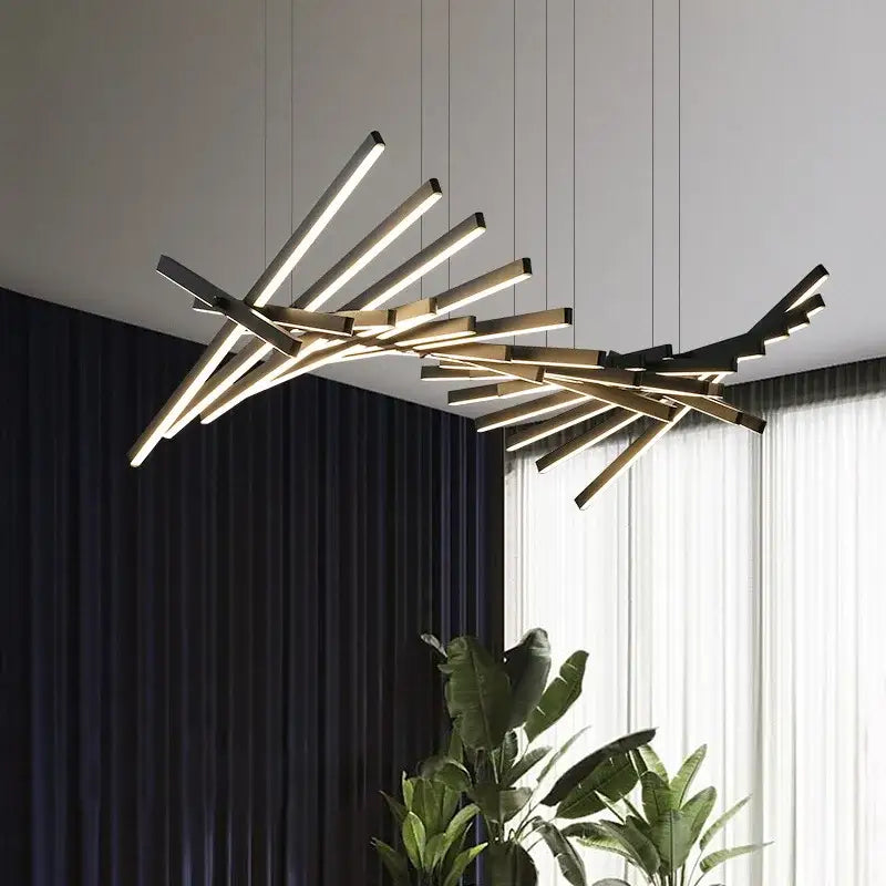 Modern gold led wave pendant chandelier with sleek matte black and brushed gold bars for dining room decorbites led wave