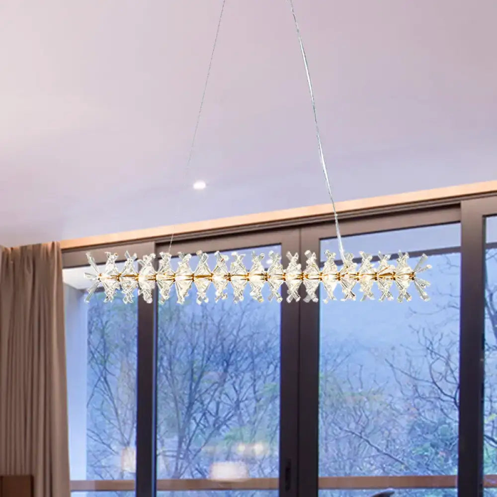Modern gold linear crystal island lamp with rectangular metal frame and clear accents for living room fixture width