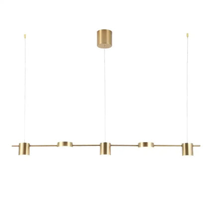 Modern gold linear dimmable led ceiling chandelier with five brass-finished cylindrical fixtures by decorbites