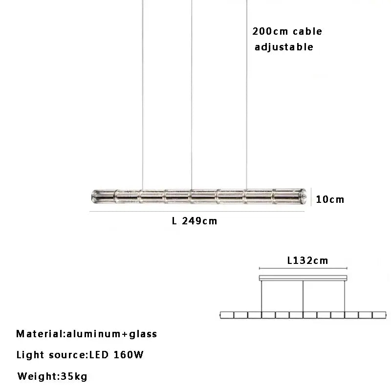 Modern gold linear glass led chandelier with long silver aluminum frame and sleek segmented design for kitchen island