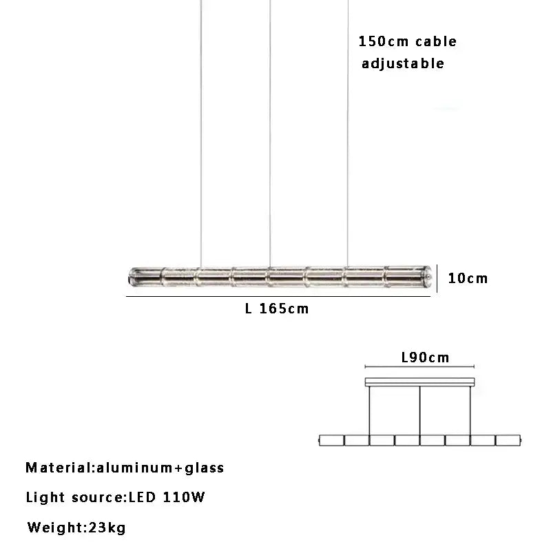 Modern gold linear glass led chandelier with sleek aluminum and glass design and adjustable 150cm cable for kitchen island