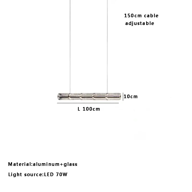 A modern gold linear glass led chandelier with a sleek 10cm aluminum and glass pendant light for kitchen island
