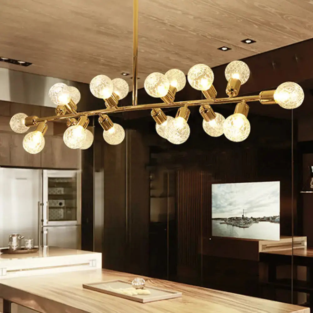 Modern gold linear island light with ribbing glass shade and frosted globe bulbs suitable for 220v-240v and 110v-120v