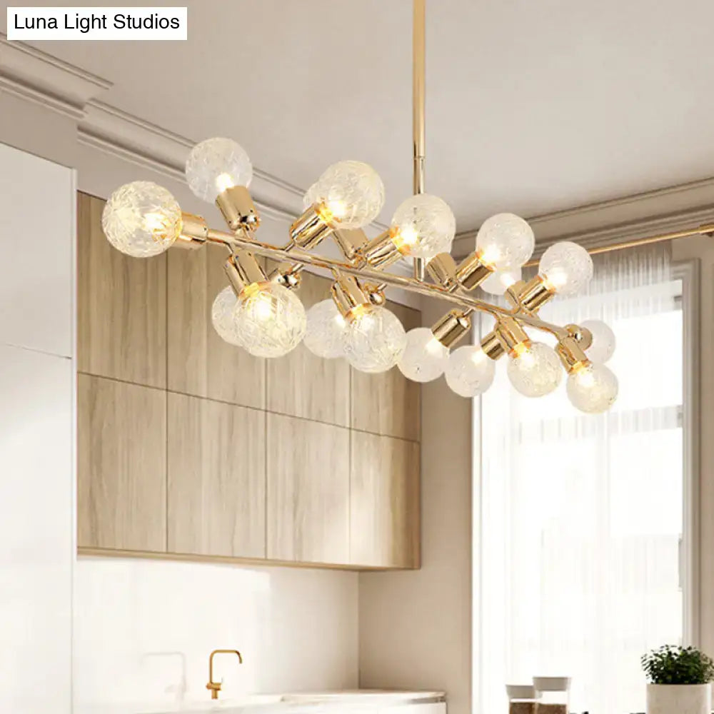 Modern gold linear island light with ribbing glass shade and multiple clear faceted globe bulbs for dining room 220v-240v
