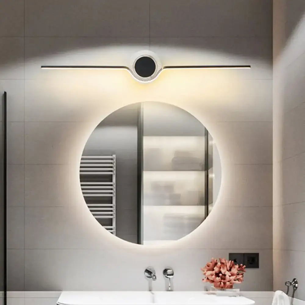 Modern gold linear led wall sconce bathroom light featuring a circular mirror with integrated led lighting and maximum bulb wattage