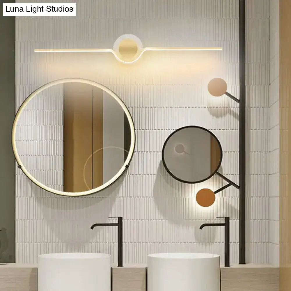 Modern gold linear LED wall sconce with sleek illuminated gold-toned frame and maximum bulb wattage for bathroom lighting