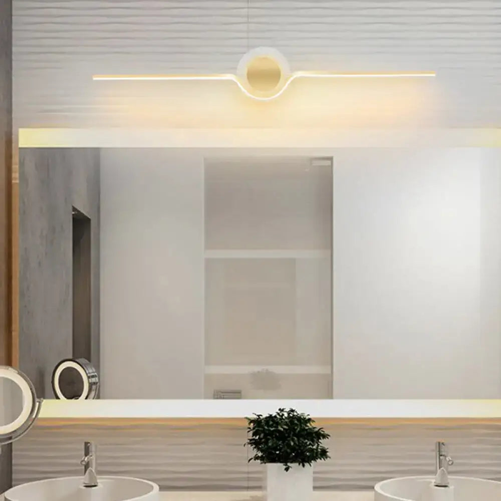 Modern gold linear led wall sconce bathroom light with sleek white circular center and maximum bulb wattage for bright illumination