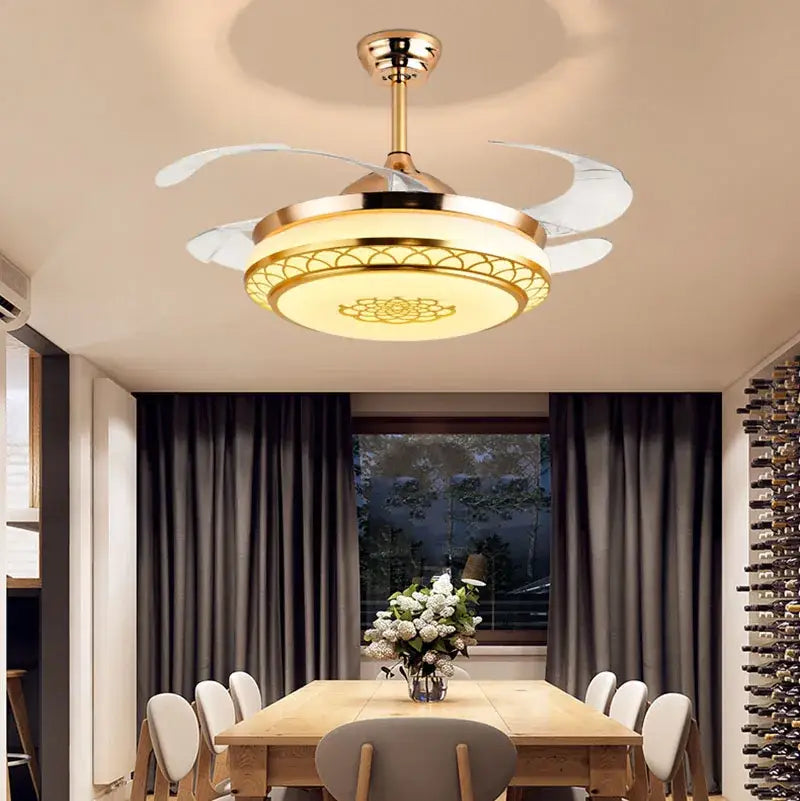 Modern gold living room fan light with integrated light and translucent white blades for decorbites living room electric use