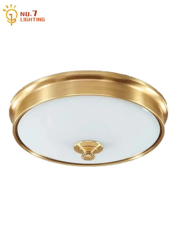 Modern gold lustre copper ceiling lamp with circular frosted glass diffuser and decorative central accent for living room