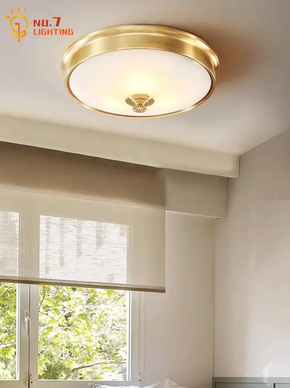 Modern gold lustre copper circular ceiling lamp with frosted glass diffuser and central decorative accent for living room