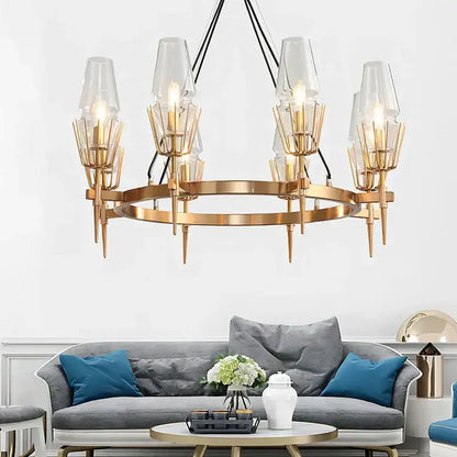 Modern gold lustre glass chandelier with clear glass shades and geometric design for dining room decorbites gold lustre