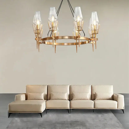 Modern gold lustre glass chandelier with clear glass shades and geometric design for dining room decorbites gold lustre