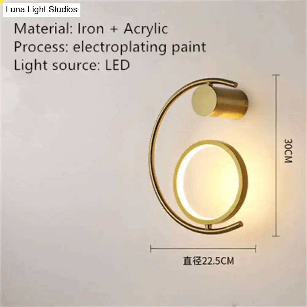 Modern gold luxury creative led bedside wall lamp with c-shaped iron-acrylic design and circular led light source