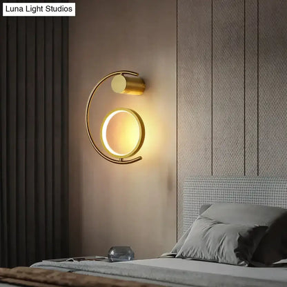 Modern gold luxury creative led bedside wall lamp with circular illuminated ring and curved arm design